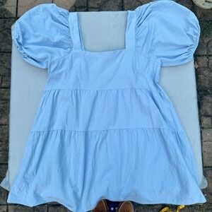 Light Blue Puff Sleeve Babydoll Dress Tiered Flowy Square Neck Cottagecore Sz 16